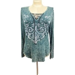 Women's Xl Affliction Long sleeves Sheer Mesh Back NWT Green Embellished Lace Up
